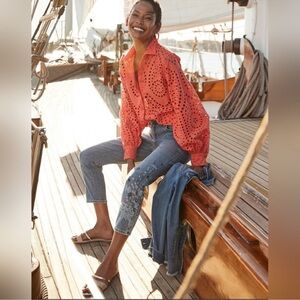 Chico's Coral Eyelet Billow Sleeve Button-Down Shirt 100% Cotton